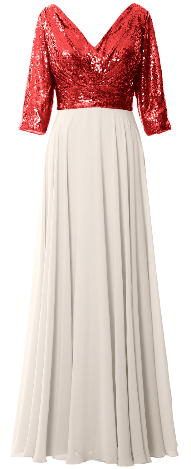 MACloth Damen Maxikleid mit langen Ärmeln und V-Ausschnitt und Pailletten