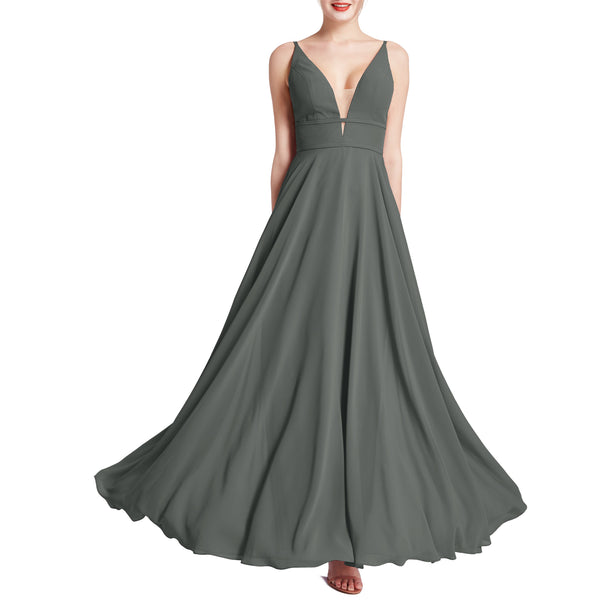 MACloth Women Plunge V Neck Long Elegant Wedding Party Bridesmaid Dresses