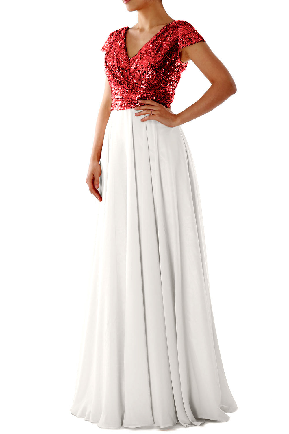 Cap Sleeves V Neck Sequin Chiffon Rose Gold Bridesmaid Dress