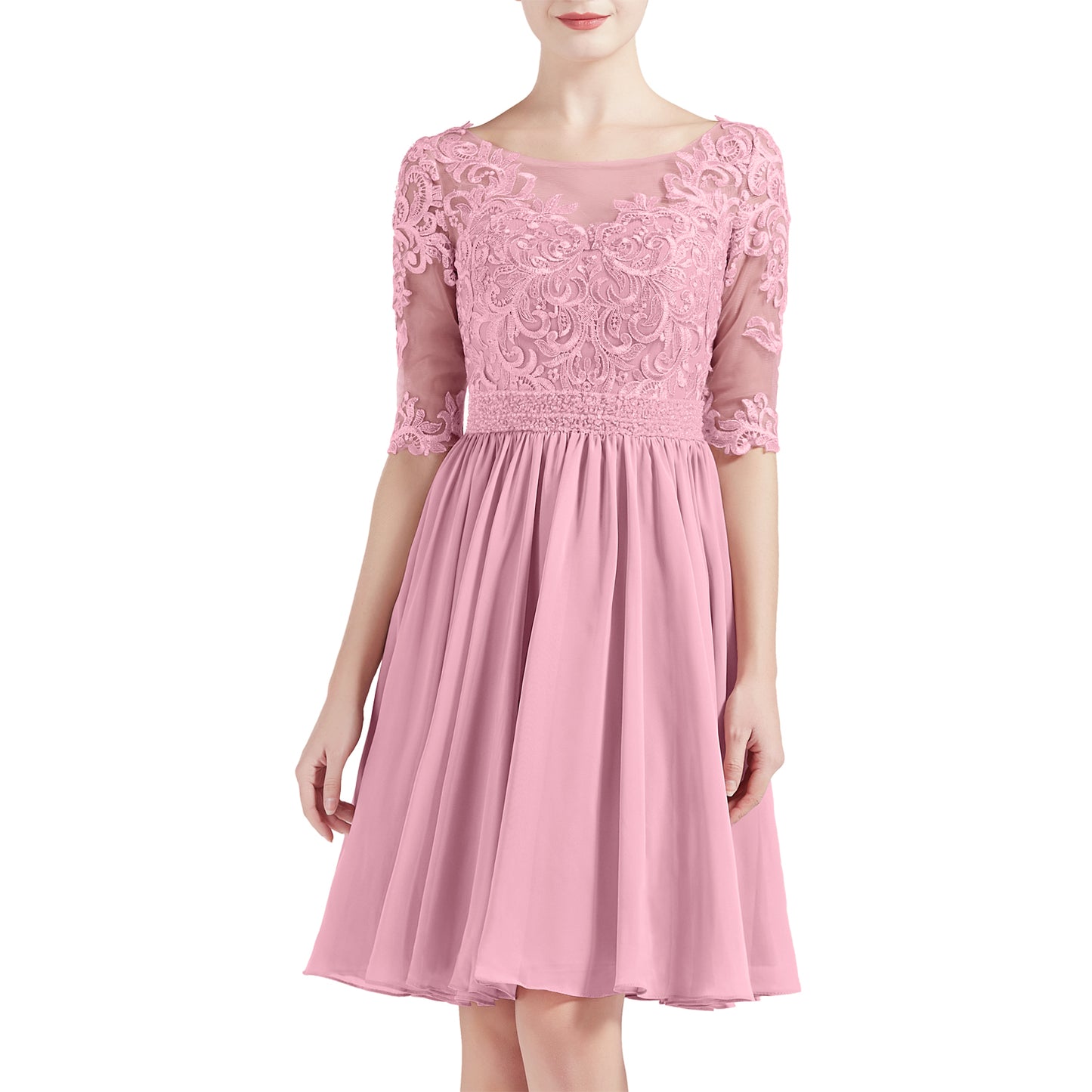 MACloth Women Half Sleeves Short Lace Beading Boat Neckline Mother of Bride Dresses Wedding Bridal Party