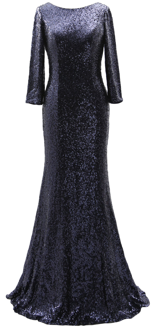 MACloth Vestido largo de noche para madre de la novia con lentejuelas y mangas 3/4