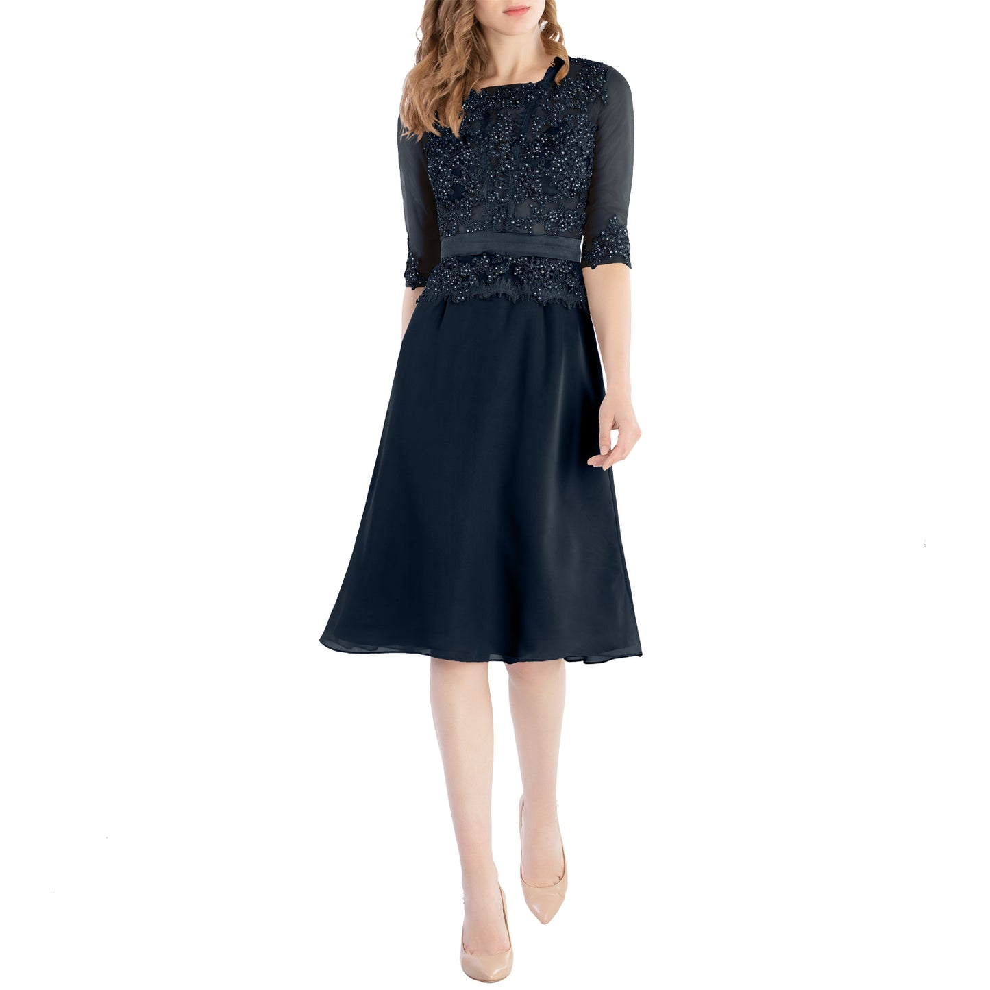 MACloth Damen-Kleid mit Rundhalsausschnitt, Perlenspitze, kurze Halbärmel, für die Brautmutter, Hochzeit, Brautparty