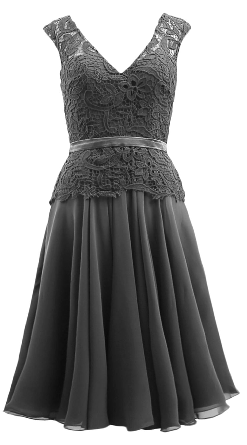 MACloth Women V Neck Lace Chiffon Party Formal Gown Midi Mother of Bride Dress