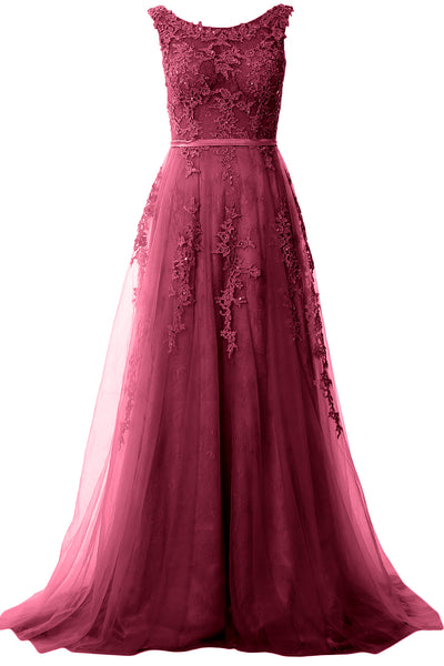 MACloth Lace Prom Dresses Boat Neck Sleeveless Lace Wedding Formal Evening Gown