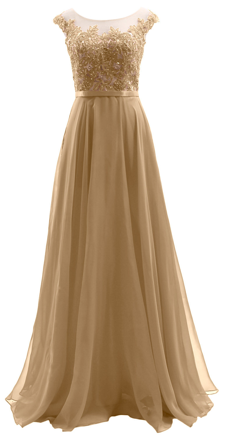 MACloth Cap Sleeves Illusion Long Prom Dress Lace Chiffon Wedding Party Dress