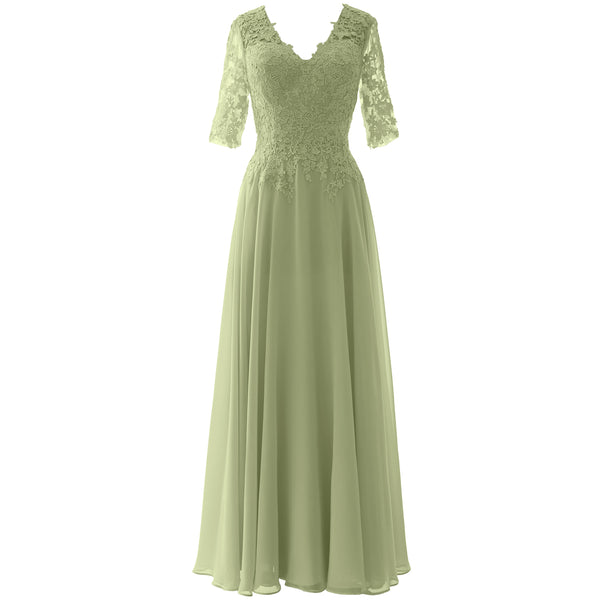 MACloth Long Maxi Mother Bride Dresses Short Sleeve Lace V Neck Evening Gown