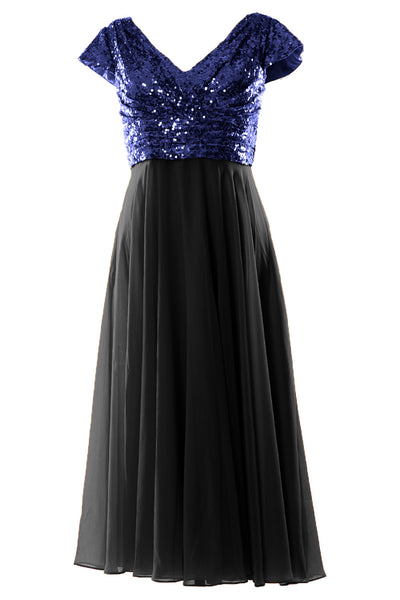 MACloth Women Mother of Bride Dresses Tea Length Sequin Cap Sleeves Bridesmaid