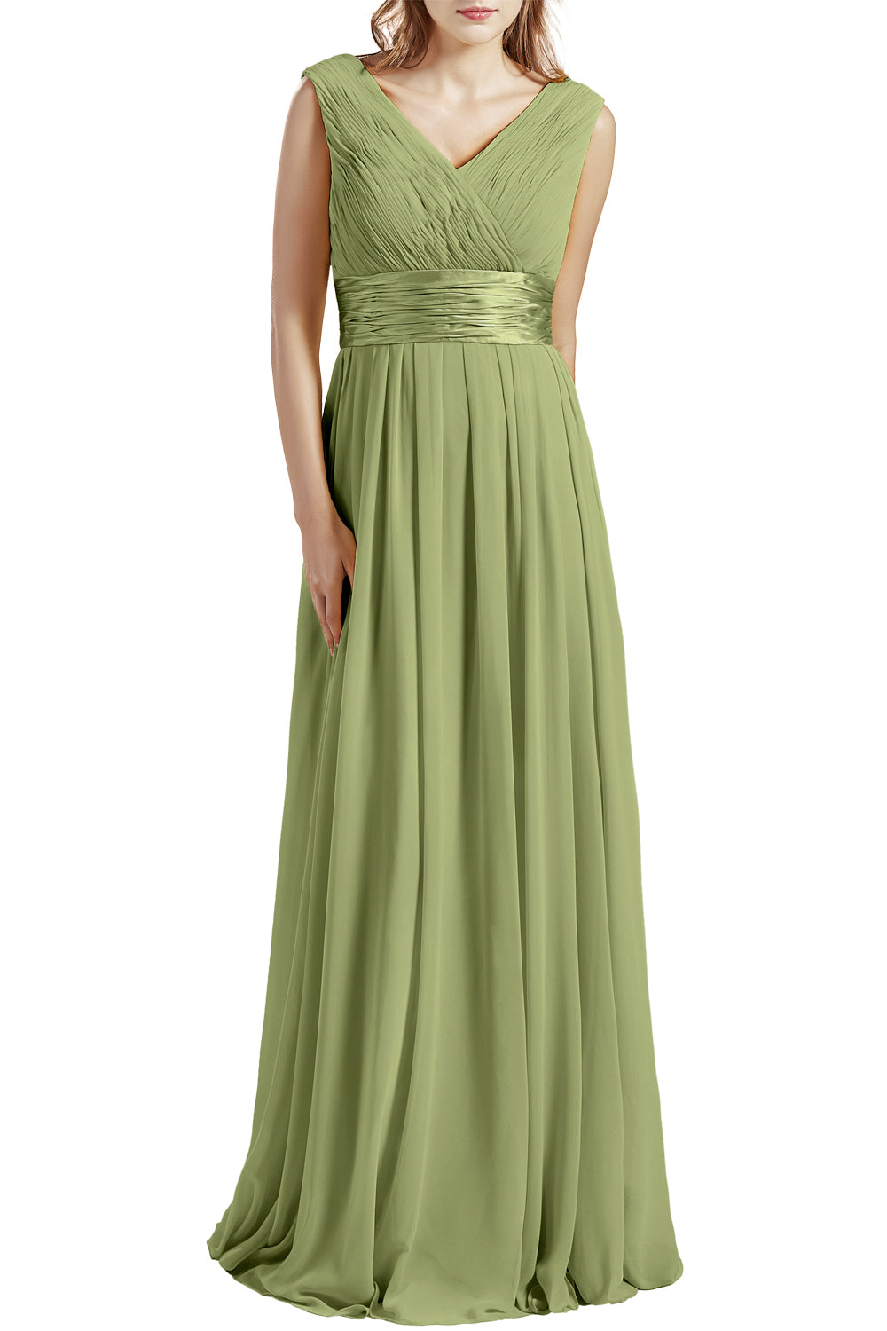 MACloth Damen Langes V-Ausschnitt Chiffon Brautjungfernkleid mit Rüschen BD