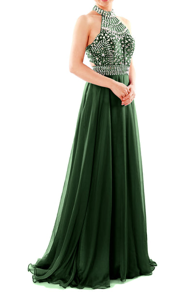 MACloth Women Halter High Neck Sleeveless Long Prom Party Dress Evening Gown