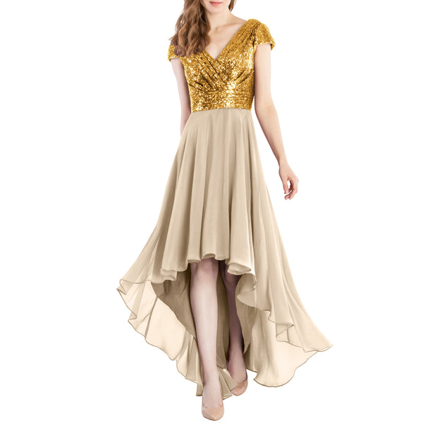 MACloth Mother of Bride Dresses Cap Sleeves High Low Sequin Wedding Formal Gown