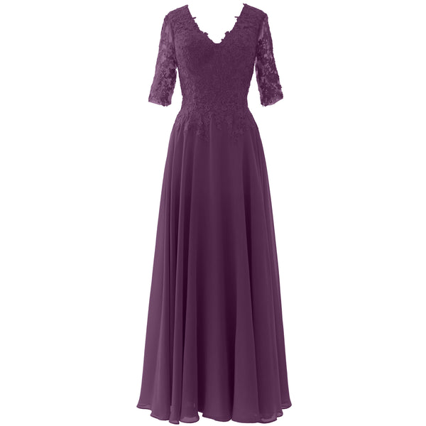 MACloth Long Maxi Mother Bride Dresses Short Sleeve Lace V Neck Evening Gown