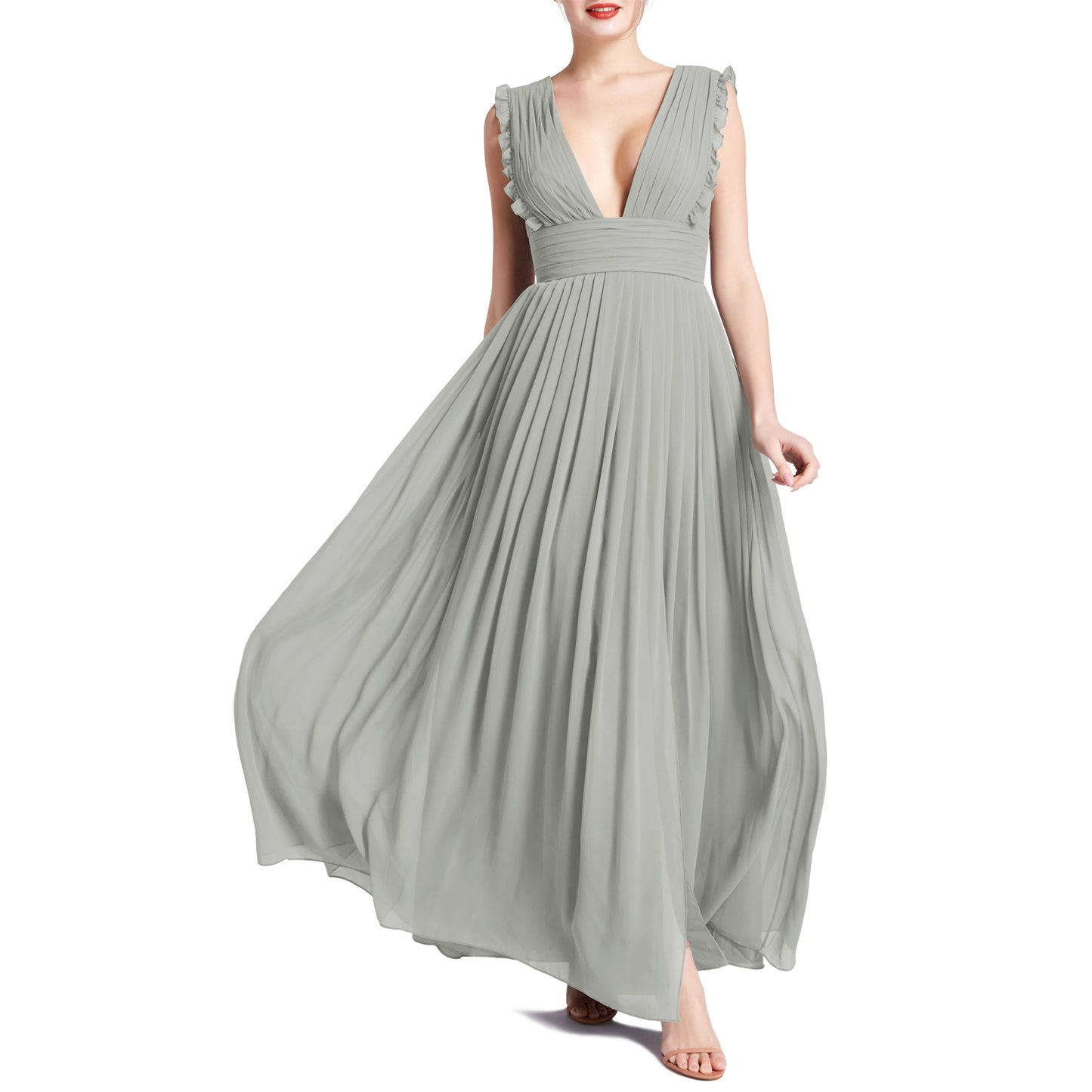 MACloth Women V Neck Ruffle Long Pleated Wedding Party Bridesmaid Dresses