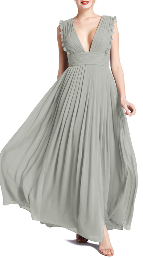 MACloth Women V Neck Ruffle Long Pleated Wedding Party Bridesmaid Dresses
