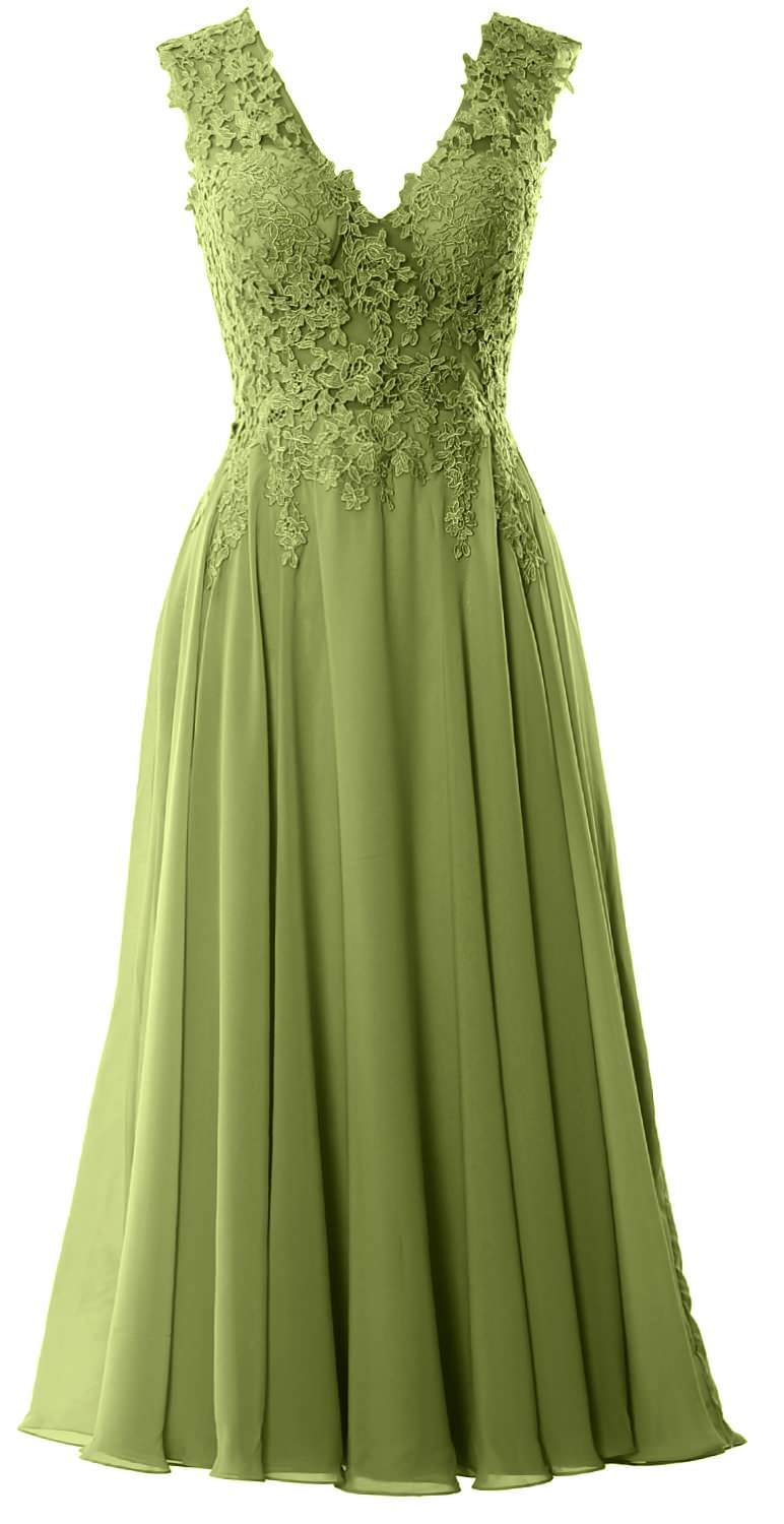 MACloth Women V Neck Lace Mother Bride Dresses Midi Tea Length Wedding Dinner