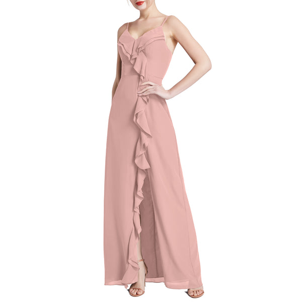 MACloth Women V Neck Ruffle Chiffon Long Wedding Party Bridesmaid Dresses Slit