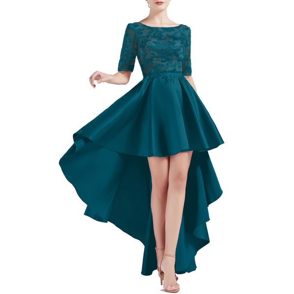 MACloth Women Scoop Neckline Half Sleeve High Low Lace Satin Prom Party Homecoming Dresses