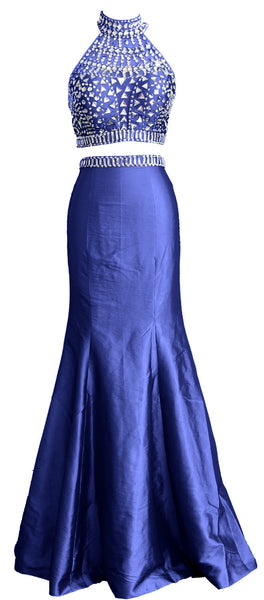 MACloth Women Mermaid Two Piece High Neck Taffeta Long Prom Dress Formal Gown