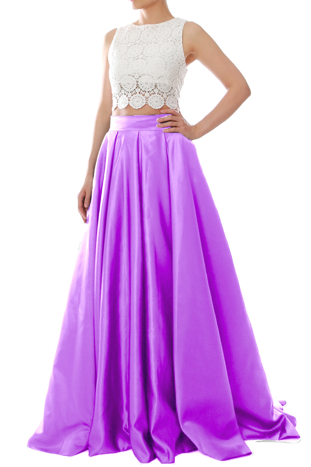 MACloth Women Two Piece O Neck Lace Long Prom Homecoming Dress Evening Ball Gown