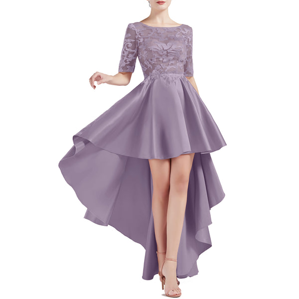 MACloth Women Scoop Neckline Half Sleeve High Low Lace Satin Prom Party Homecoming Dresses