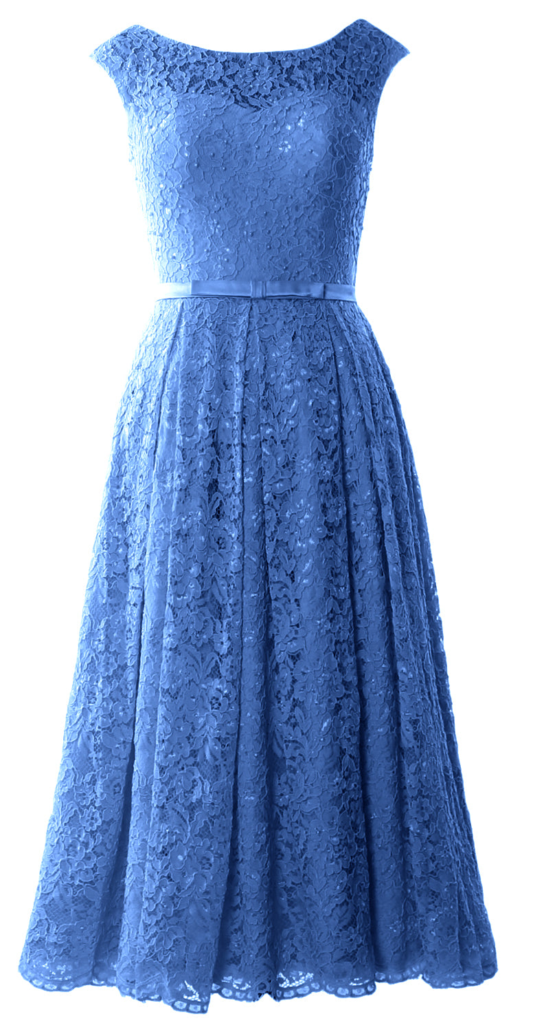 MACloth Women Tea Length Mother Bride Gown Dresses Cap Sleeve Lace Midi Corset