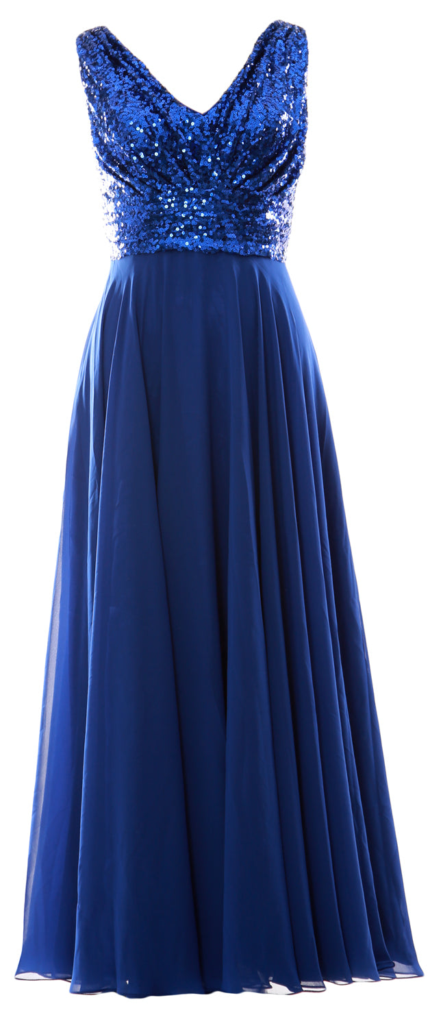 MACloth Women Sleeveless Long Bridesmaid Dresses V Neck Sequin Evening Gown