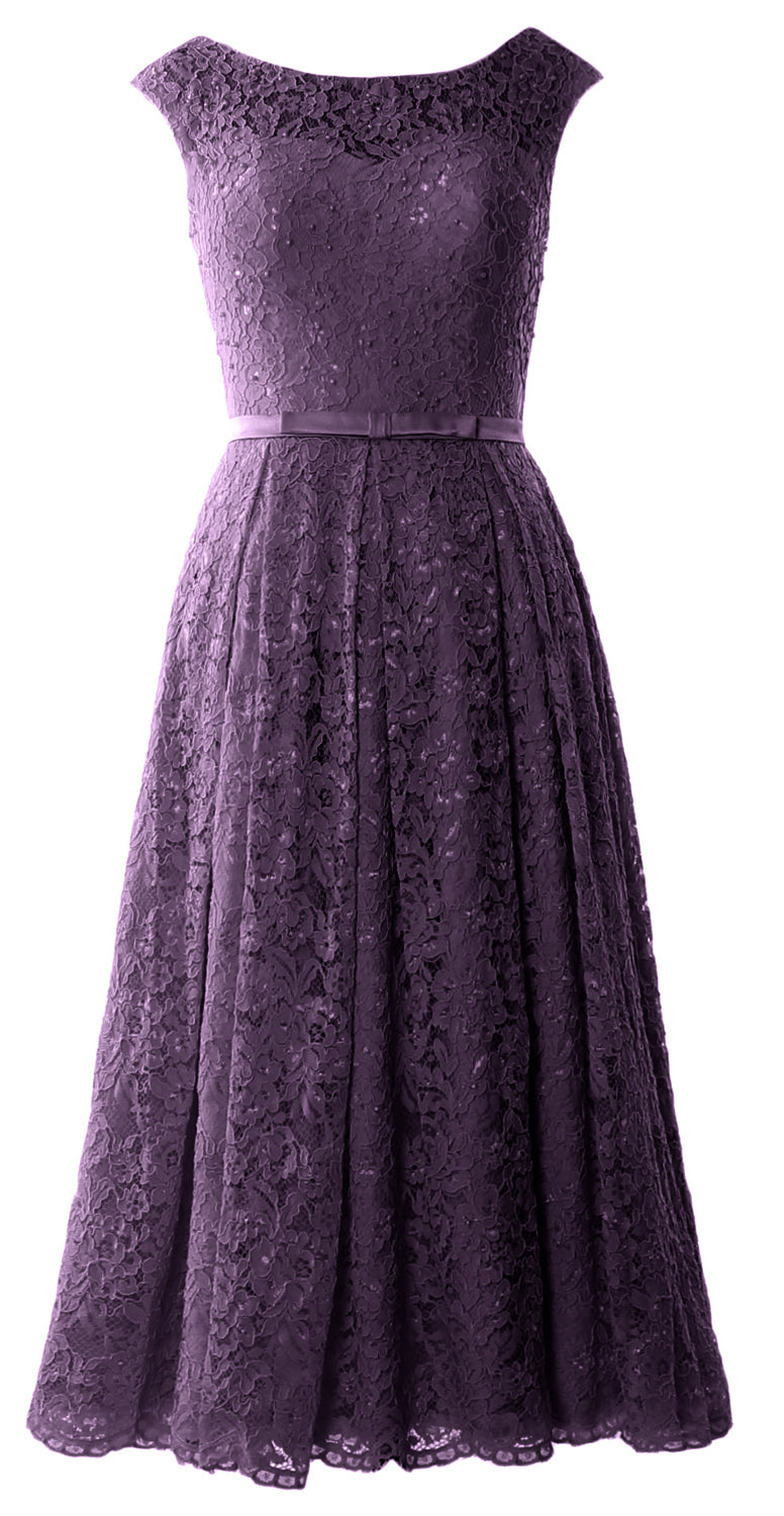 MACloth Women Tea Length Mother Bride Gown Dresses Cap Sleeve Lace Midi Corset