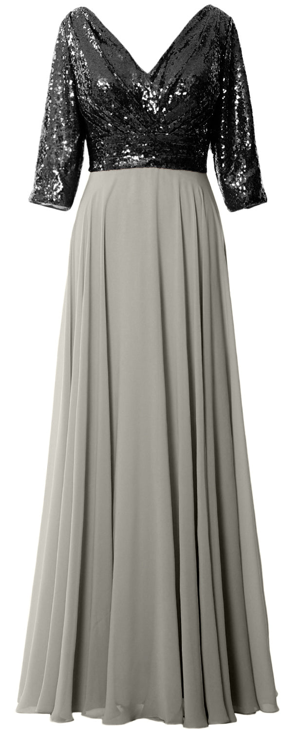 MACloth Damen Maxikleid mit langen Ärmeln und V-Ausschnitt und Pailletten