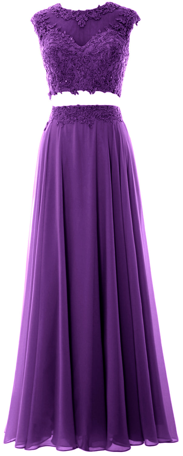 MACloth Vestido largo de fiesta de 2 piezas para mujer, de gasa con encaje, vestido formal de noche para fiesta