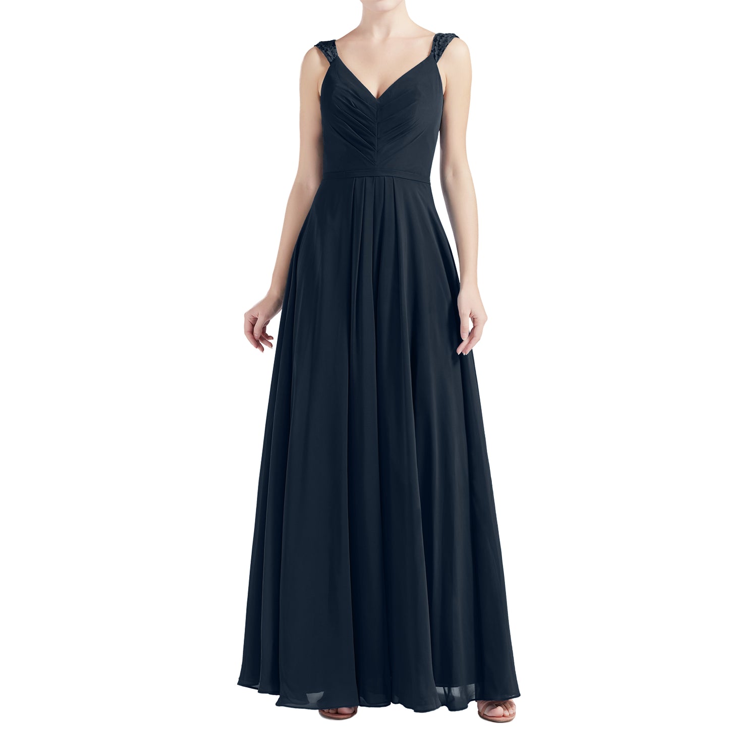 MACloth Women V Neck Lace Chiffon A Line Maxi Wedding Party Bridesmaid Dresses