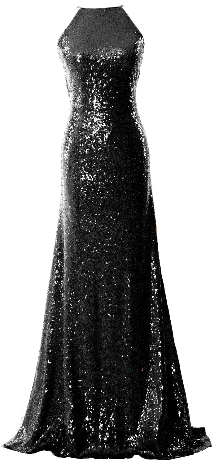 MACloth Women Bridesmaid Dress Sequin Long Halter Cowlback Prom Ball Gown
