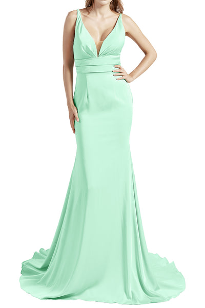 MACloth Women Long V Neck Crepe Mermaid Prom Party Dresses Evening Gown