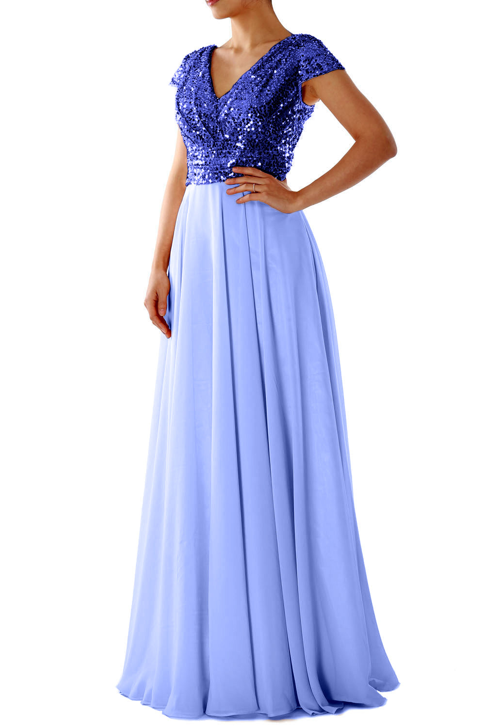 Cap Sleeves V Neck Sequin Chiffon Rose Gold Bridesmaid Dress