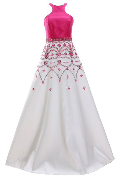 MACloth Women Racer Neck Satin Long Prom Dress Beaded Formal Evening Gown