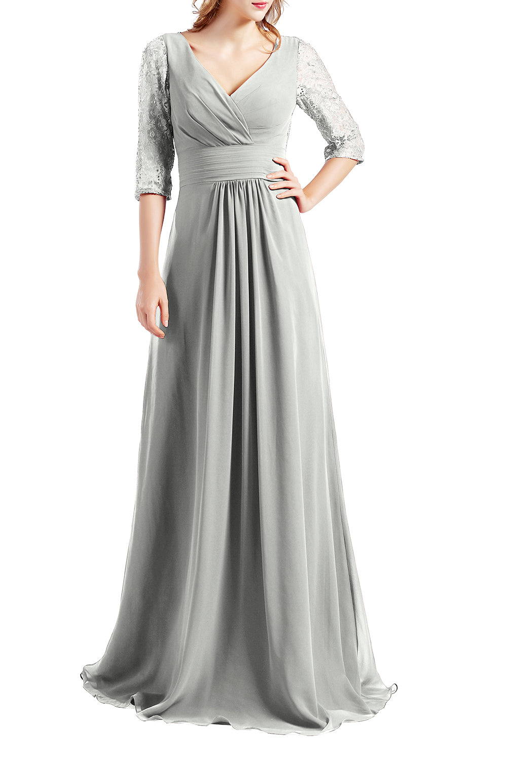 MACloth Damen-Kleid, Halbarm, V-Ausschnitt, Spitze, lang, für Hochzeit, Party, Brautjungfer, Mutter