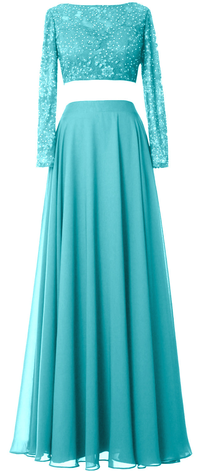 MACloth Damen Abendkleid aus Spitze und Chiffon, 2-teilig, lange Ärmel, Ballkleid