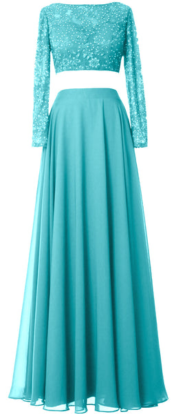MACloth Women Lace Chiffon Formal Evening Gown 2 Piece Long Sleeves Prom Dresses