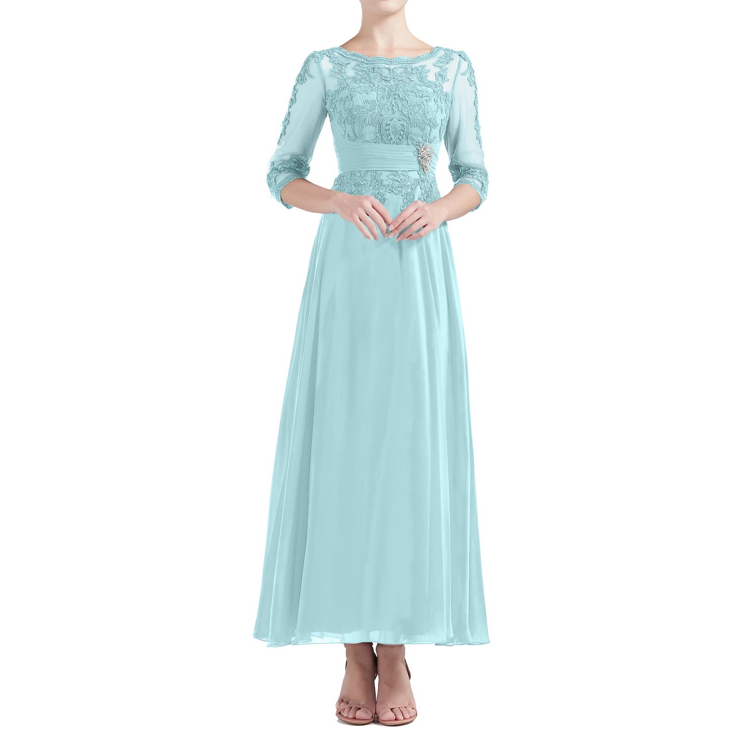 knee length dresses for ladies Navy Blue Mother of The Bride Dresses Tea Length 3/4 Sleeves Mother of The Bride Dress with 3D Flowers main image 0