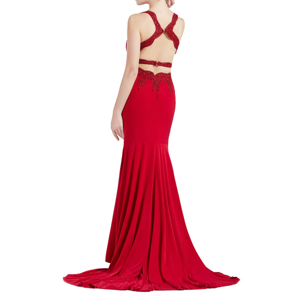 MACloth Women Mermaid V Plunging Neck Lace Long Prom Dresses Formal Evening Gown