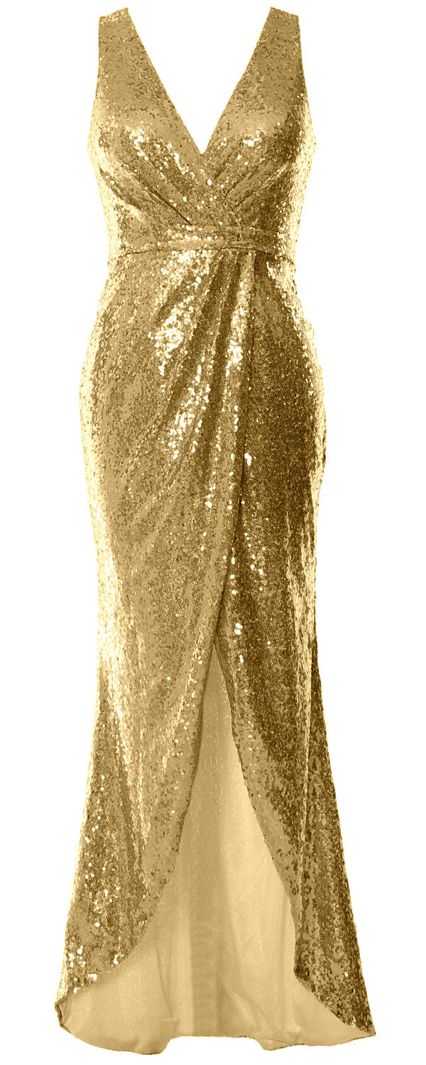 MACloth Women Sequin V Neck Wrap Long Bridesmaid Dresses Wedding Prom Gown