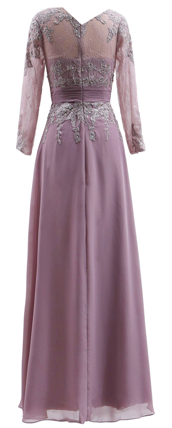 MACloth Vestidos de madre de la novia Mangas largas Cuello en V Encaje Vestido de noche formal