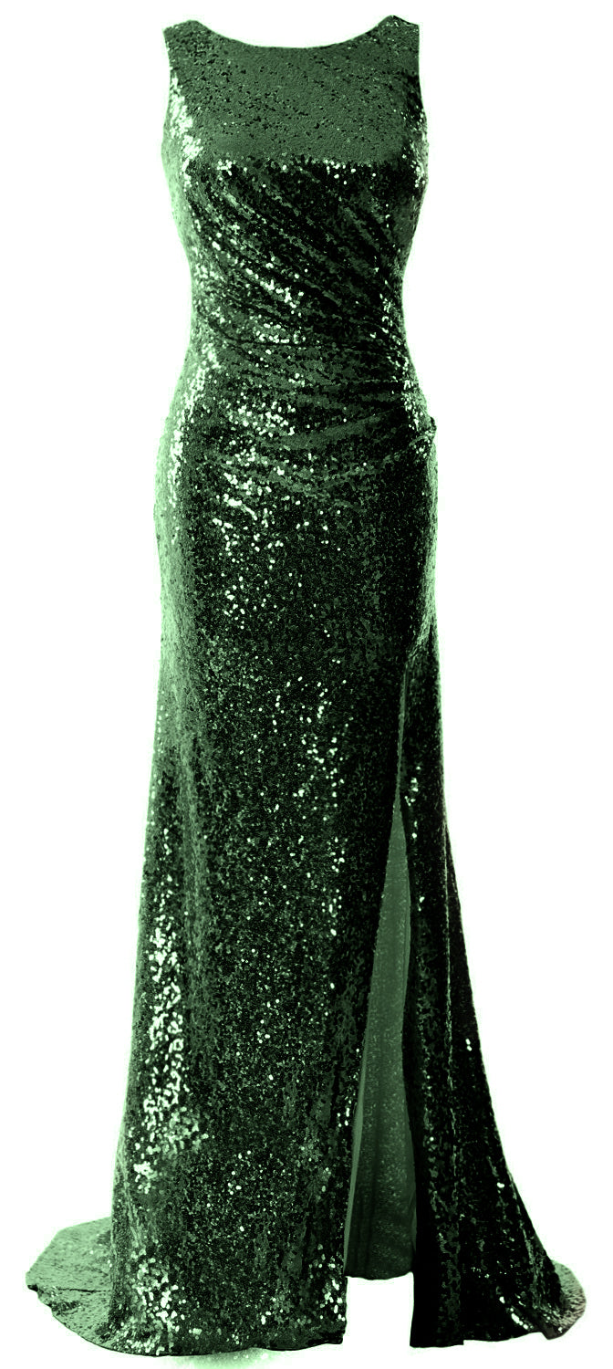 MACloth Women Sequin Long Bridesmaid Dresses Cowl Back Prom Evening Gown Split