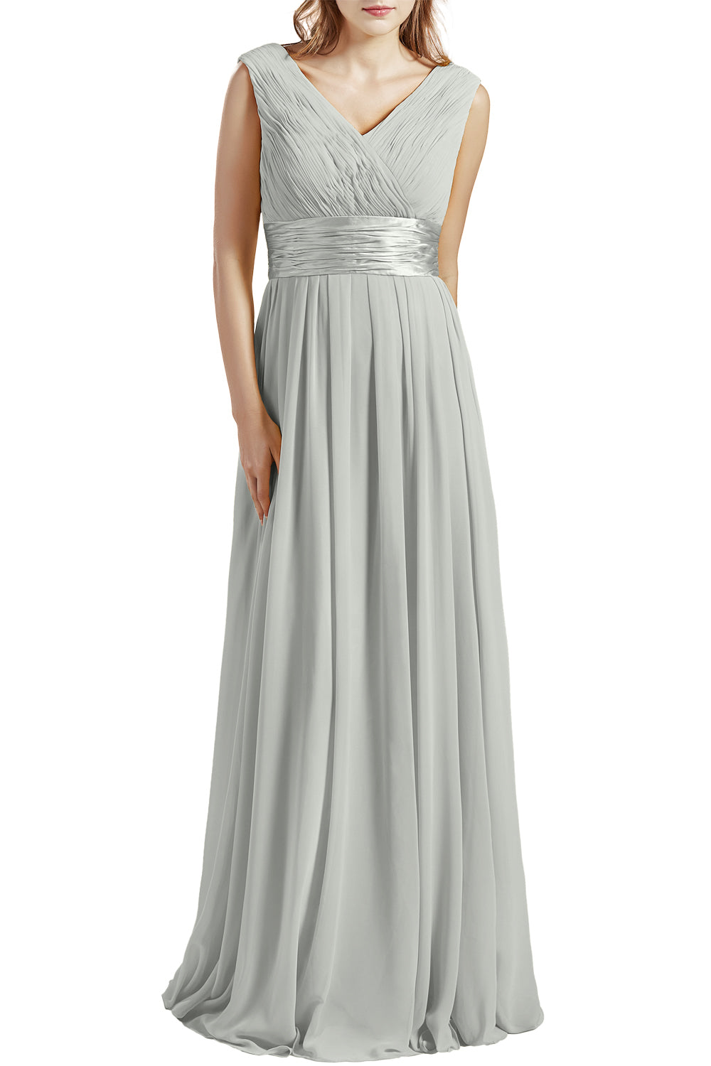 MACloth Damen Langes V-Ausschnitt Chiffon Brautjungfernkleid mit Rüschen BD