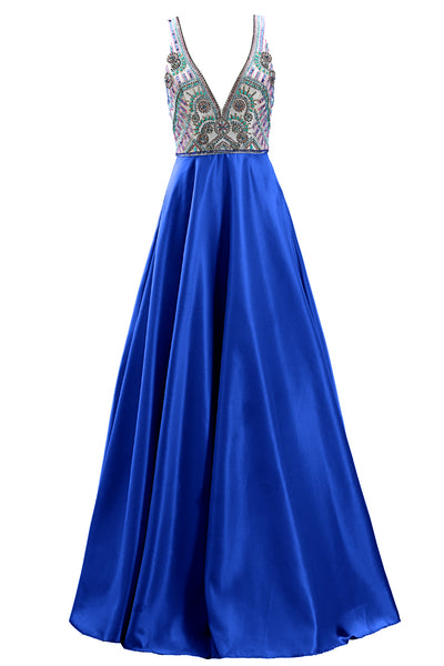 MACloth Women Deep V Neck Beaded Long Prom Dress Open Back Satin Evening Gown