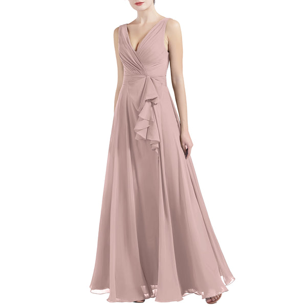 MACloth Women V Neck Long Pleated A Line Wedding Party Bridesmaid Dresses Slit