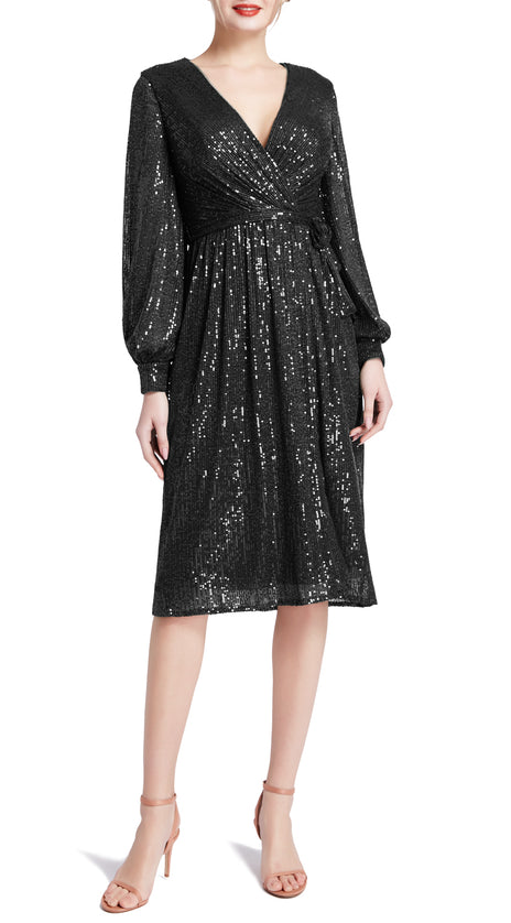 MACloth Women V Neck Long Sleeve Short Wrap Sequin Wedding Guest Cocktail Dress