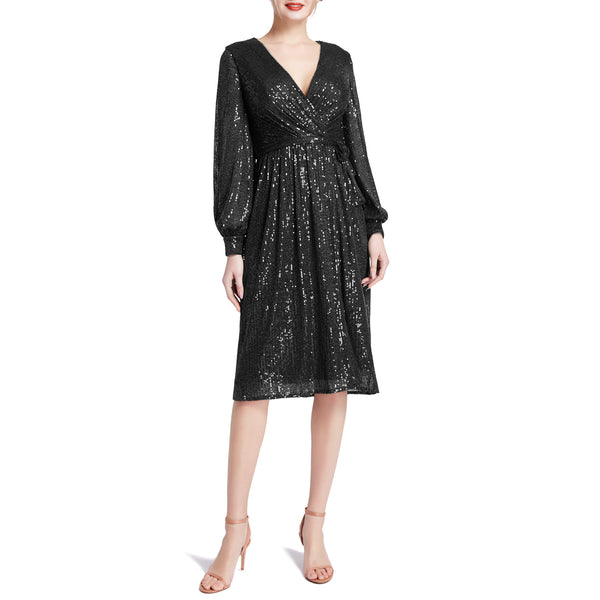 MACloth Women V Neck Long Sleeve Short Wrap Sequin Wedding Guest Cocktail Dress