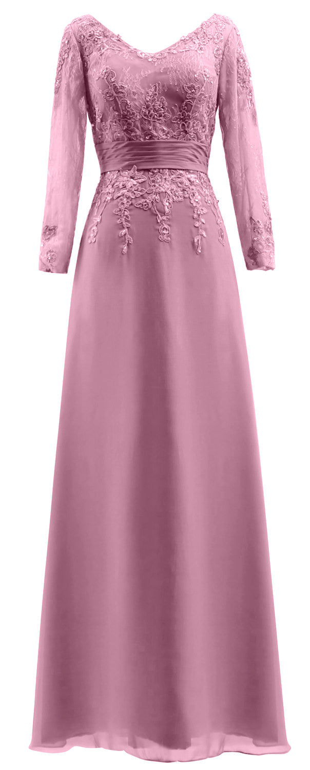 MACloth Vestidos de madre de la novia Mangas largas Cuello en V Encaje Vestido de noche formal