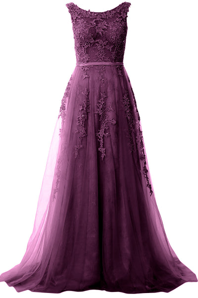 MACloth Lace Prom Dresses Boat Neck Sleeveless Lace Wedding Formal Evening Gown