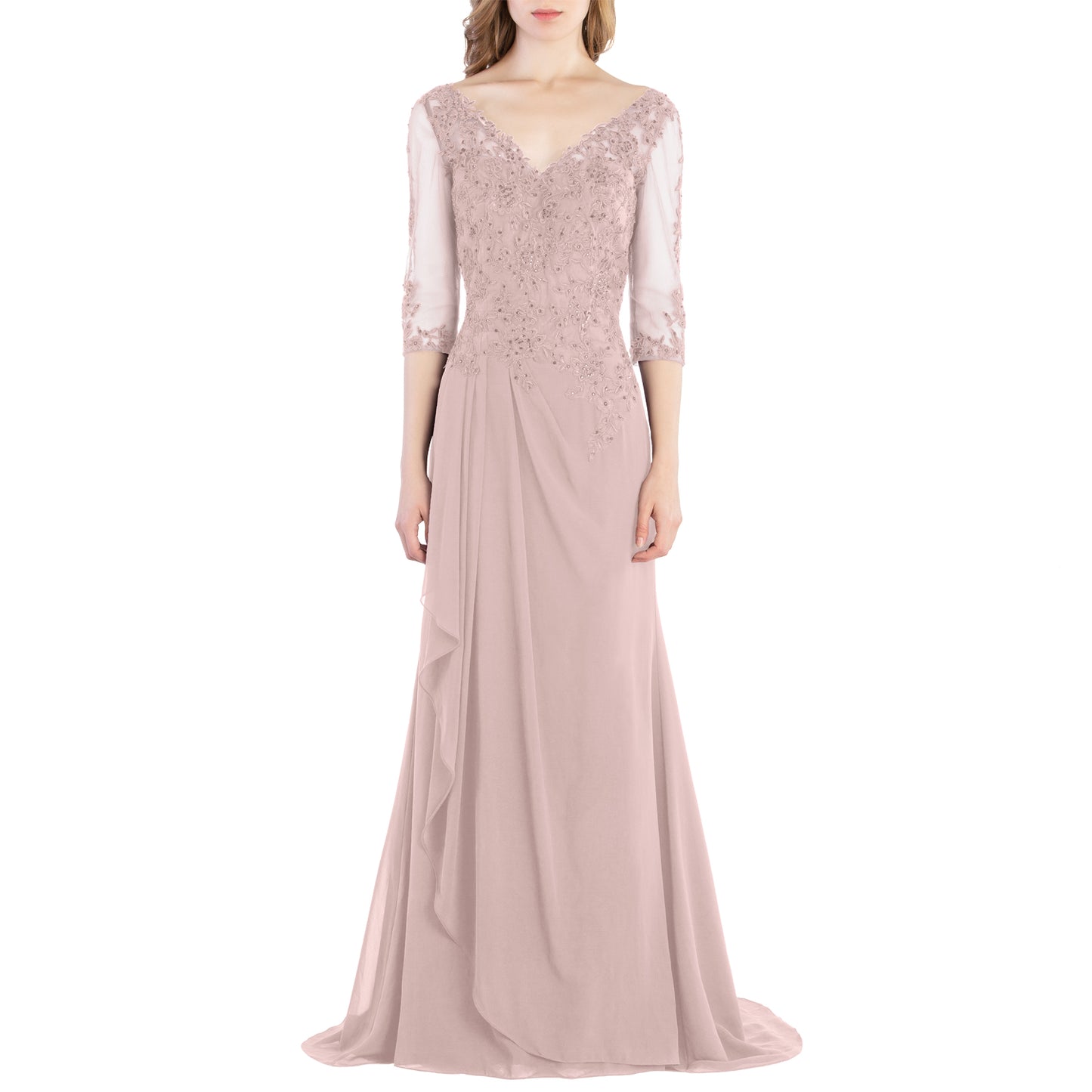 Vestido de novia largo de encaje con escote en V y mangas 3/4 de MACloth para madre de la novia y dama de honor