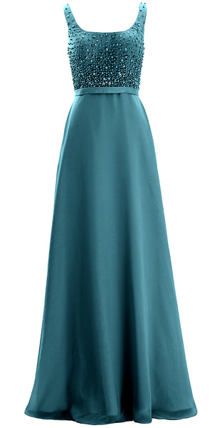 MACloth Women Straps Scoop Neck Beaded Formal Evening Gown 2019 Long Prom Dress